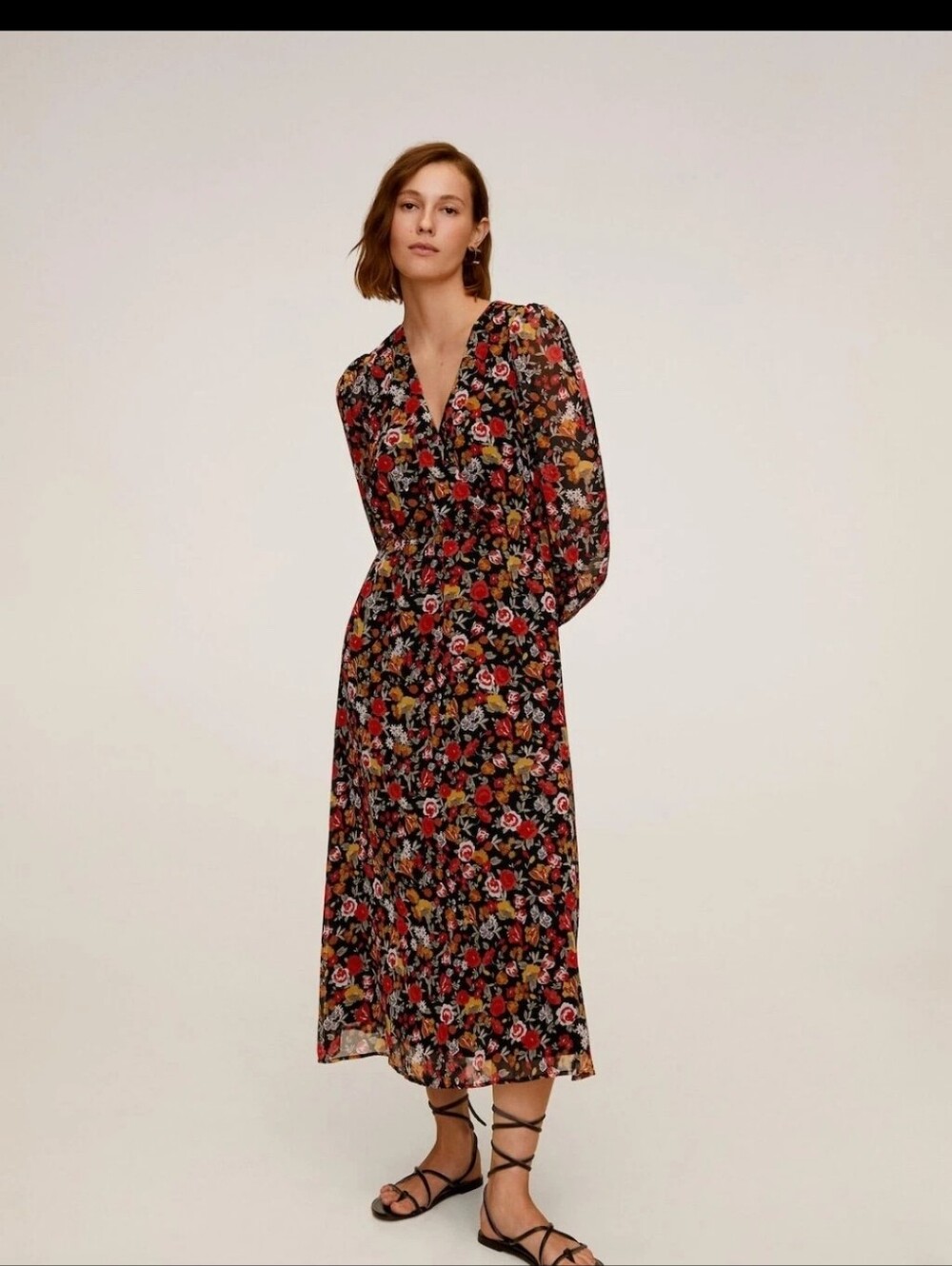 Mango Floral V-Neck Voluminous Sleeve Midi Dress - Black Floral S